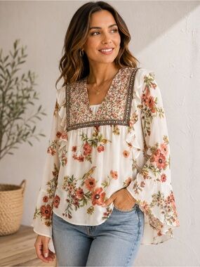 Boho Floral V-Neck Peasant Blouse in Ivory and Coral
